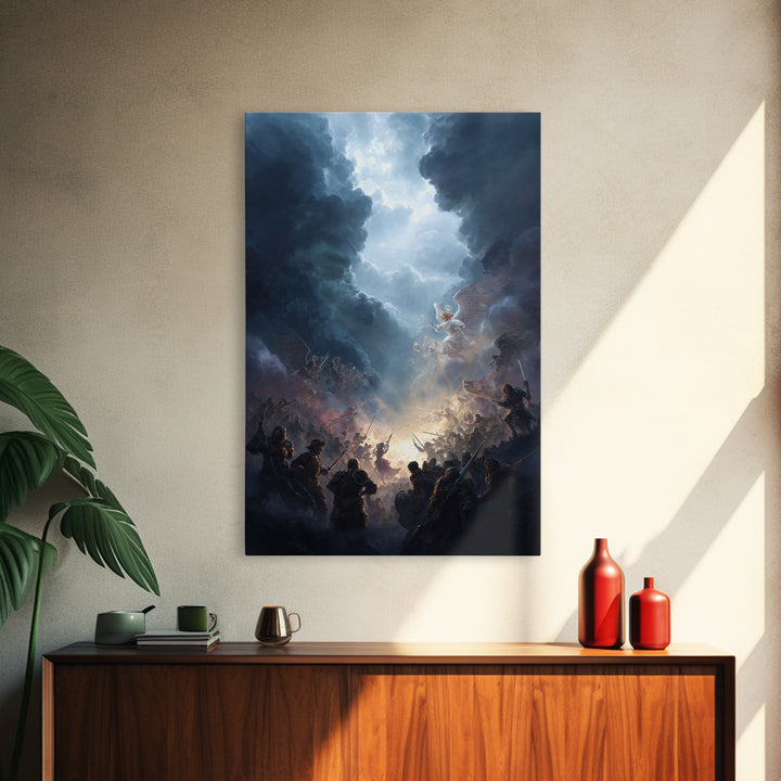 Epic Battle Between Angels Warriors In Dramatic Sky Fantasy Artwork Wall Art Framed Canvas Print For Home Decor