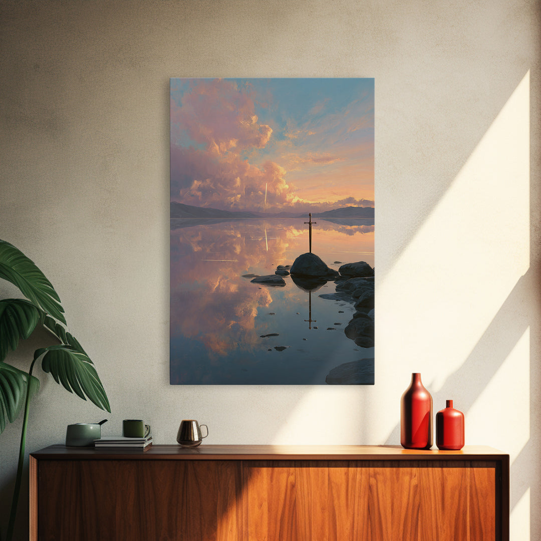 Sunset Over Calm Lake With Reflective Clouds And A Lone Sword Creative Canvas Print Wall Art For Home And Office Decoration