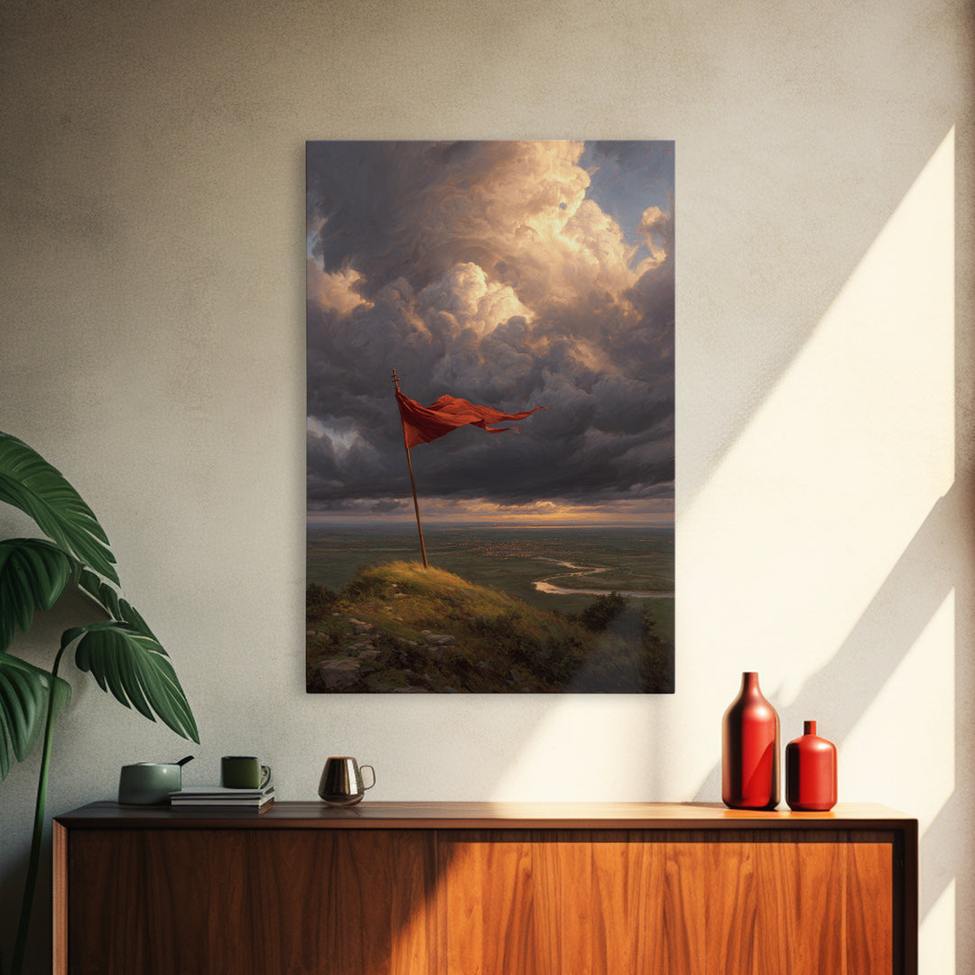 Majestic Flag On Hill Stormy Sky Landscape Painting Wall Art Rustic Home Decor Canvas Print For Living Room And Office