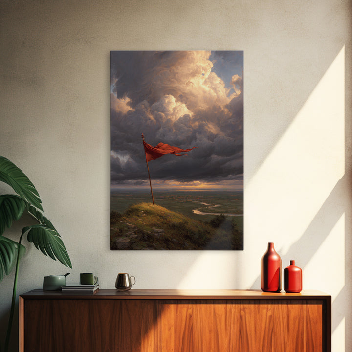 Majestic Flag On Hill Stormy Sky Landscape Painting Wall Art Rustic Home Decor Canvas Print For Living Room And Office