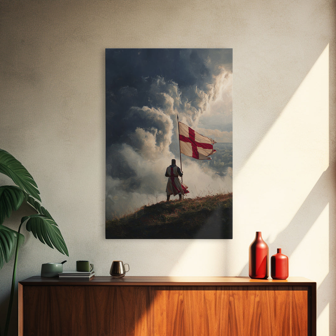 Epic Angelic Warrior In Golden Armor Holding Sword Against Stormy Sky Dramatic Religious Wall Art Framed Canvas Print