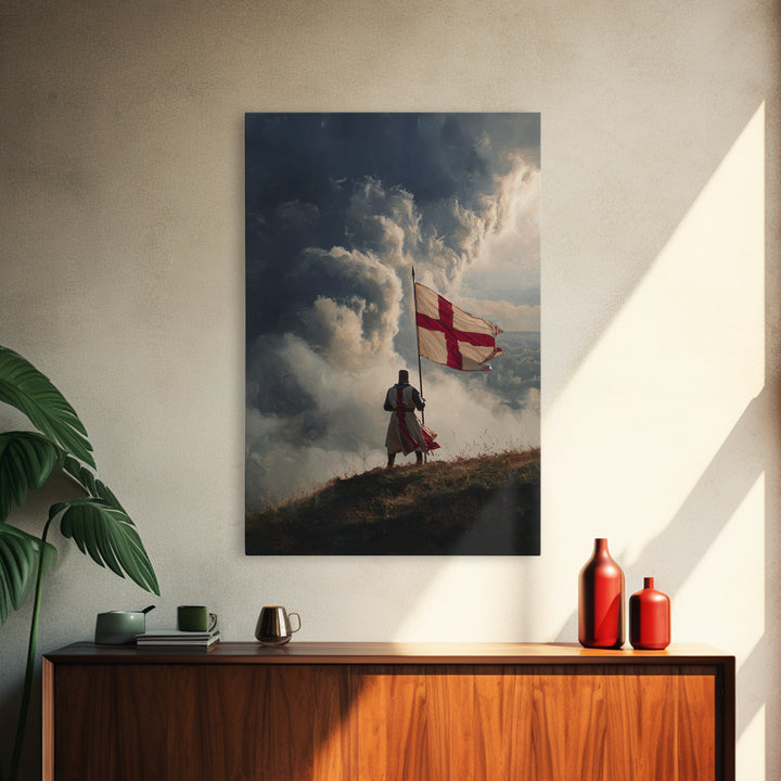 Epic Angelic Warrior In Golden Armor Holding Sword Against Stormy Sky Dramatic Religious Wall Art Framed Canvas Print