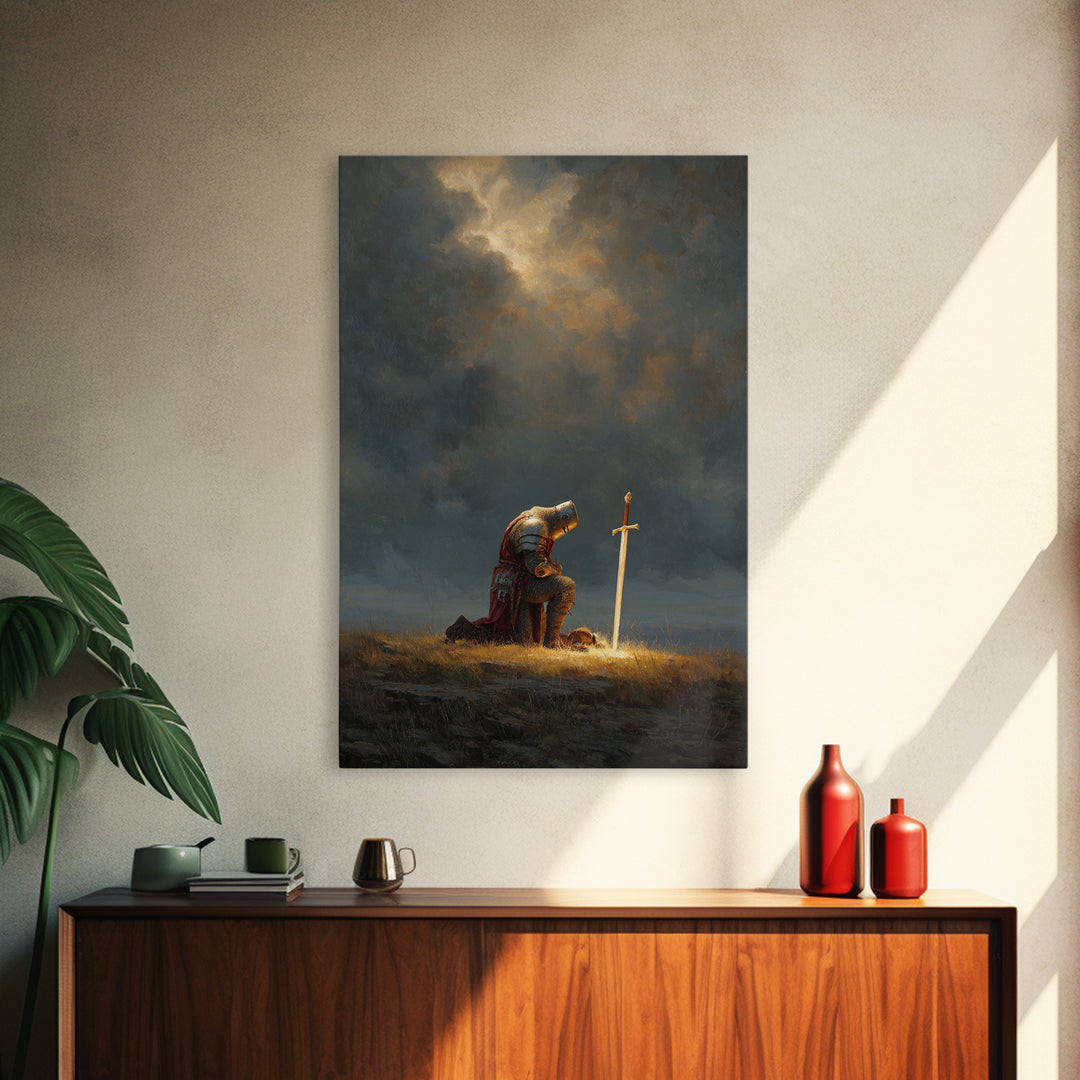 Knight Kneeling Beside Sword With Stormy Sky Dramatic Medieval Armor Wall Art Canvas Print For Office Decor