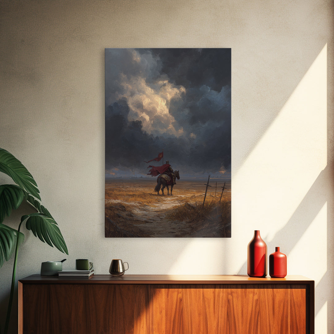 Medieval Knight On Horse With Red Cape Overcast Sky Canvas Print Original Wall Art For Office And Home