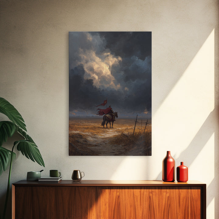 Medieval Knight On Horse With Red Cape Overcast Sky Canvas Print Original Wall Art For Office And Home