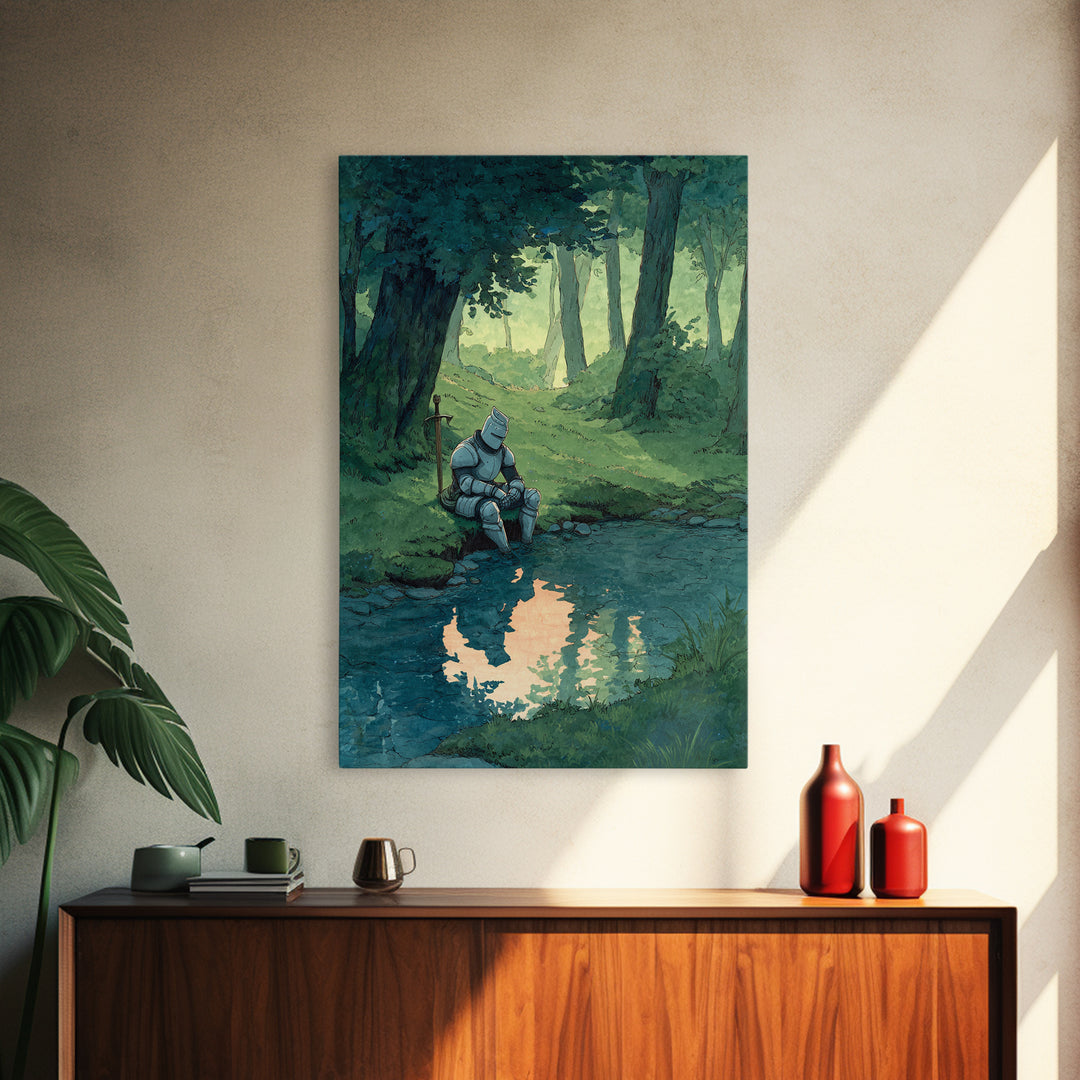 Solitary Knight In Medieval Armor Sitting Beside Forest Stream Original Wall Art With Contemporary And Fantasy Decor