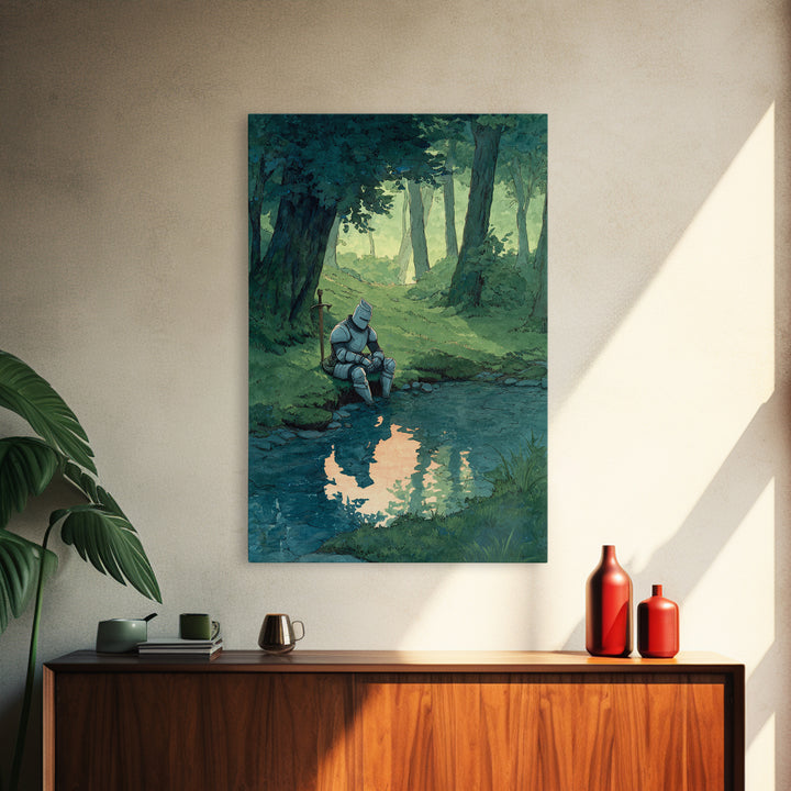 Solitary Knight In Medieval Armor Sitting Beside Forest Stream Original Wall Art With Contemporary And Fantasy Decor
