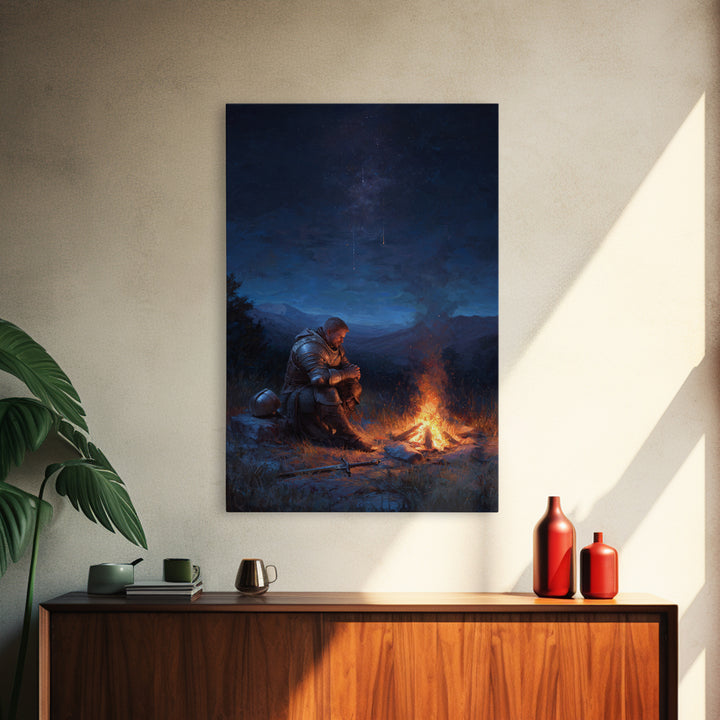 Knight Praying By Campfire In Armor At Night Meditative Fantasy Wall Art Framed Canvas Print For Home Decor