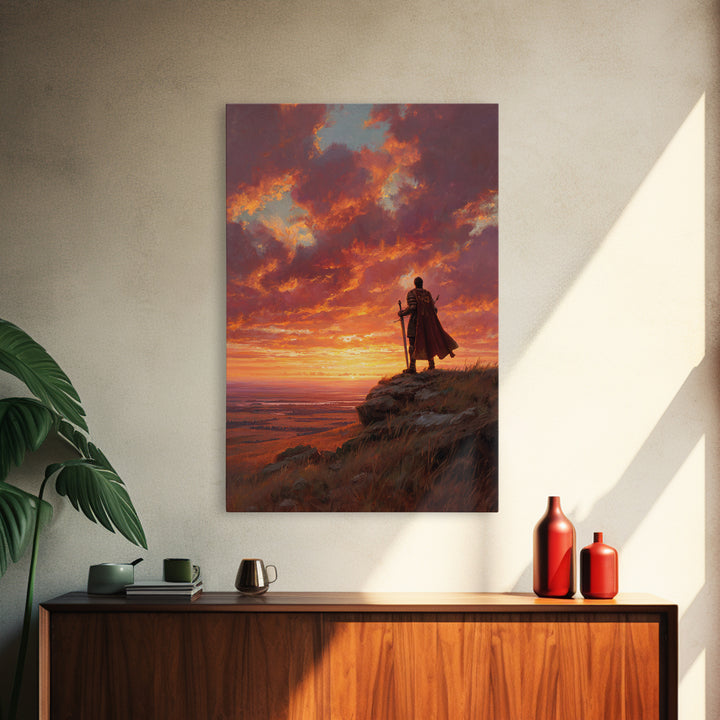 Heroic Knight Standing On Cliff At Sunset Dramatic Landscape Wall Art Large Framed Canvas Print For Living Room Decor