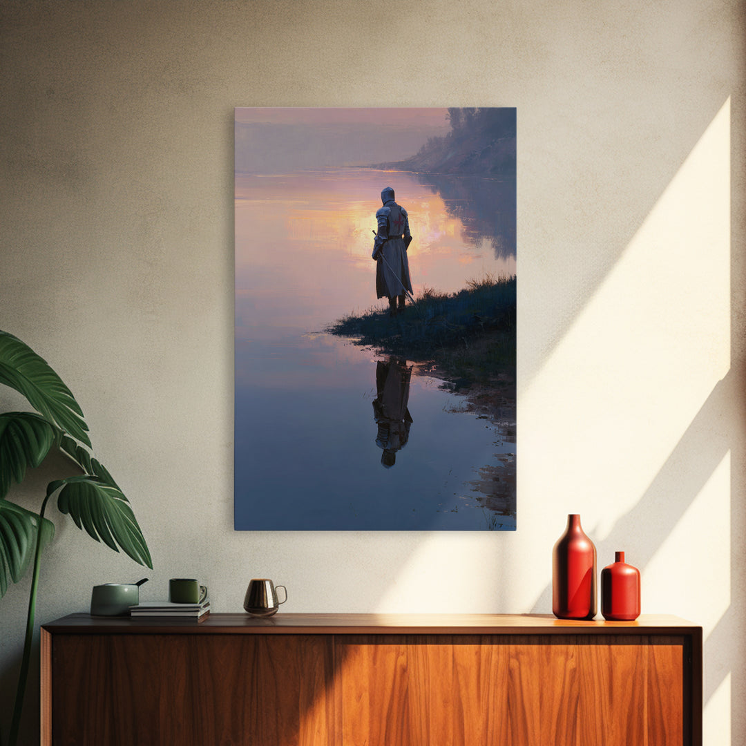Knight In Sunlight Praying Under Mighty Oak Tree Painting Medieval Religious Wall Decor Framed Canvas Print For Home Office Or Spiritual Wall Art