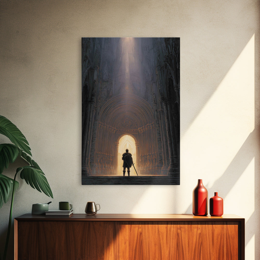 Medieval Knight Standing In Cathedral Doorway With Light Beam Canvas Print Modern Wall Art For Office Decor