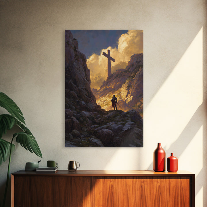 Knight In Armor Sword Battle Rain Scene Wall Art Canvas Print Dramatic Medieval Painting For Home Decor