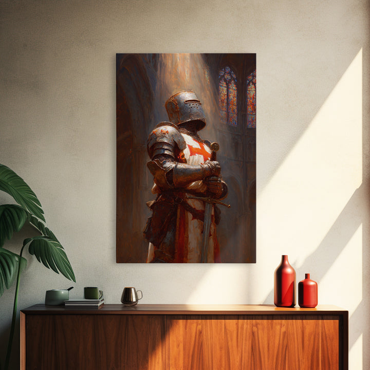 Crusader Knight In Cathedral Sunlight Oil Painting Wall Art Framed Canvas Print Medieval Historical Artwork For Man Cave