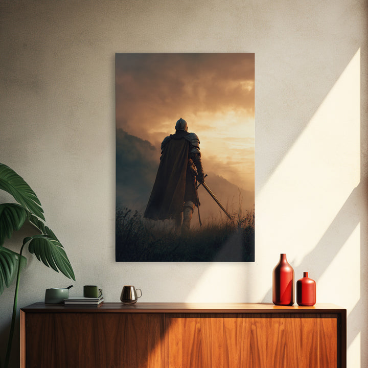 Knight In Shining Armor Facing Dramatic Sky Digital Painting Canvas Print Wall Art For Medieval Decor And Fantasy Ambiance
