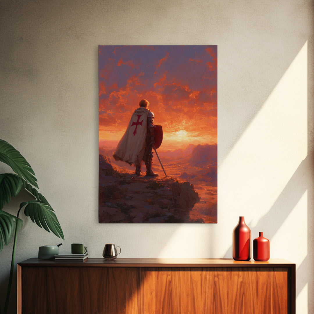 Crusader Knight Standing At Sunset Dramatic Historical Painting Canvas Print Wall Art Medieval Art For Home And Office Decor