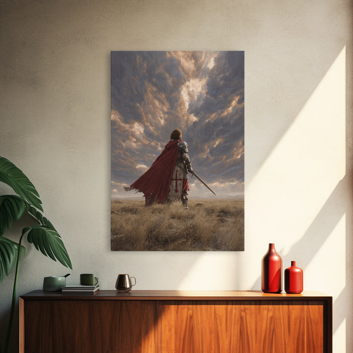 Majestic Knight Kneeling With Sword On Ground Under Dramatic Skies - Captivating Framed Canvas Print For Home
