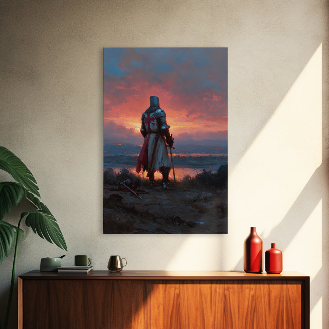 Knight In Armor At Sunset Painting Dramatic Landscape With Medieval Warrior Exploring Emotional Wall Art For Office Decor Or Living Room Framed Canvas Print