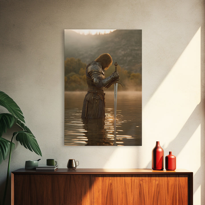 Medieval Knight Standing In Water Holding Sword Dramatic Warrior Wall Art Canvas Print For Man Cave Decor