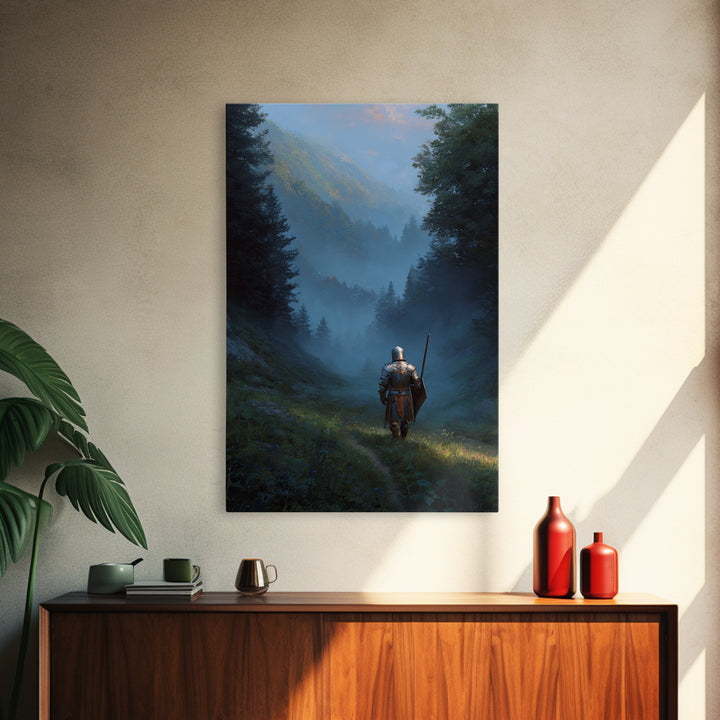 Knight In Armor Standing In Misty Valley Painting Medieval Fantasy Artwork For Office Wall Decor Or Living Room Statement Wall Art Framed Canvas Print