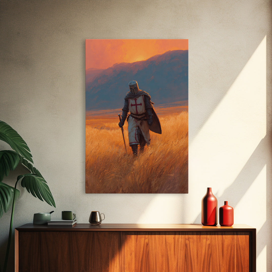 Medieval Knight In Armor With Sword Walking Through Golden Field At Sunset Wall Art Framed Canvas Print