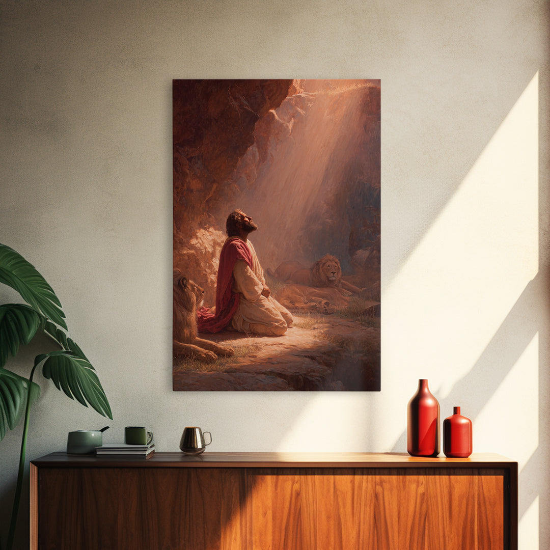 Praying Man With Lions In Dramatic Light Spiritual Christian Art Framed Canvas Print For Home Decor