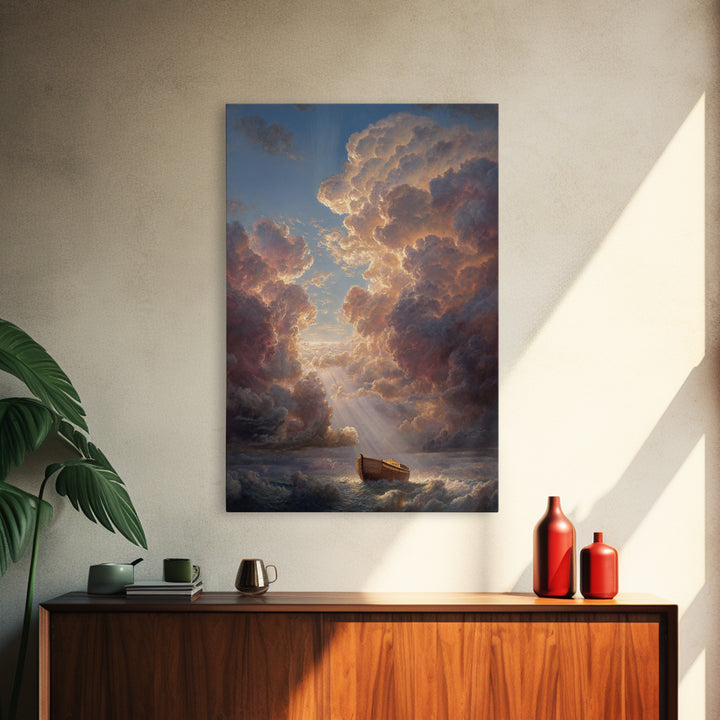 Sunset Clouds And Ark On Stormy Seas Dramatic Landscape Oil Painting Wall Art For Coastal Home Decor Or Nautical Gift