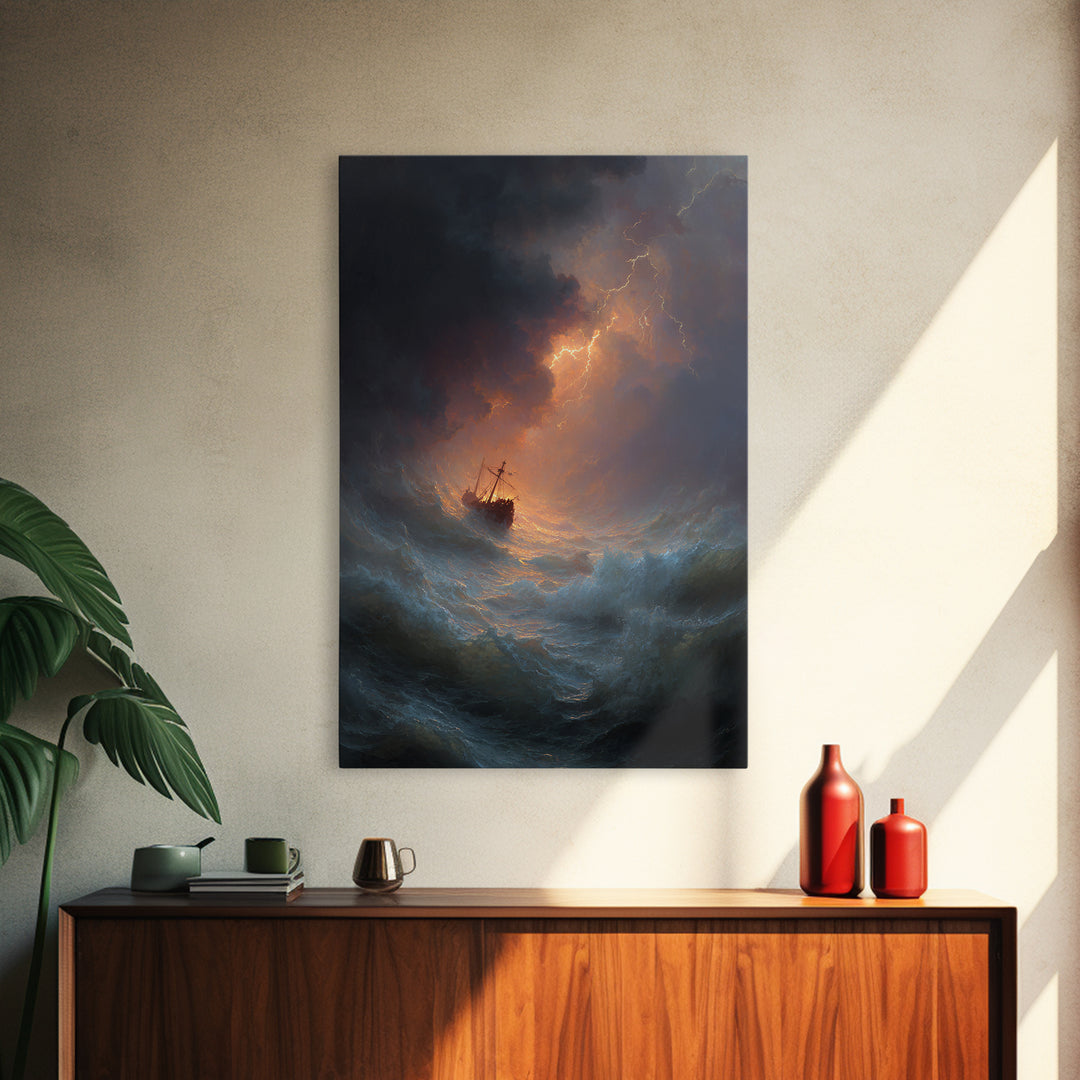Ship In Stormy Sea With Lightning Strikes Dramatic Ocean Scene Oil Painting Wall Art Canvas Print