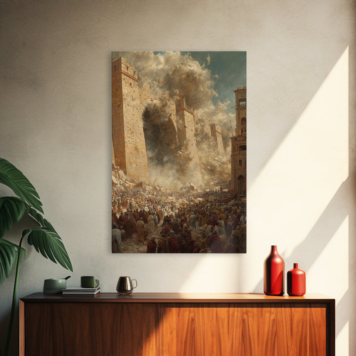 Historic Siege Scene With Crowds And Stone Walls Dramatic Wall Art Framed Canvas Print For Living Room Decoration