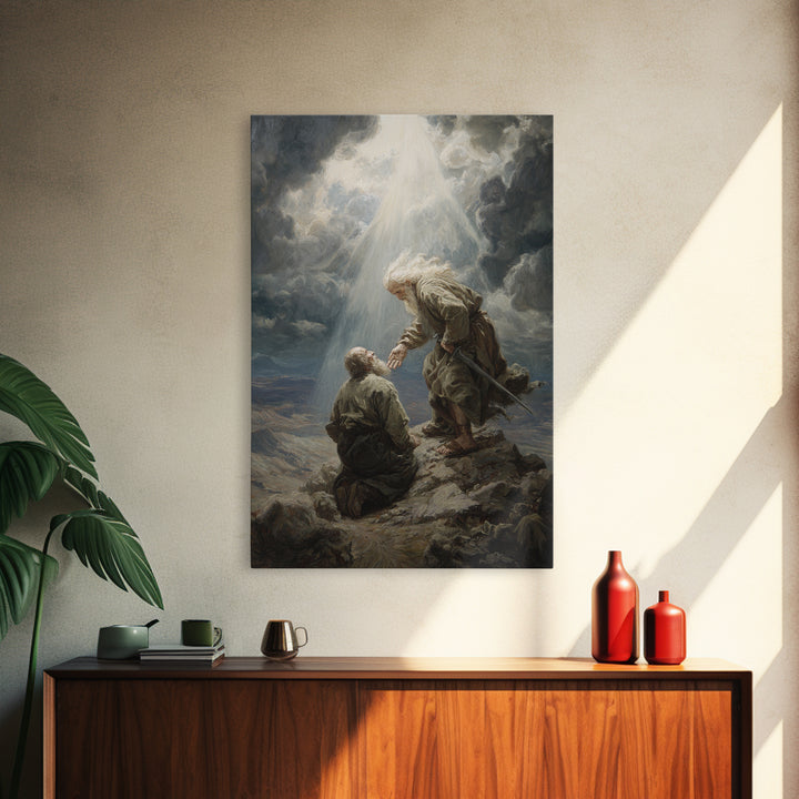 Biblical Scene Of Two Men On Rocky Landscape With Light Ray Spiritual Wall Art Framed Canvas Print For Christian Home Decor