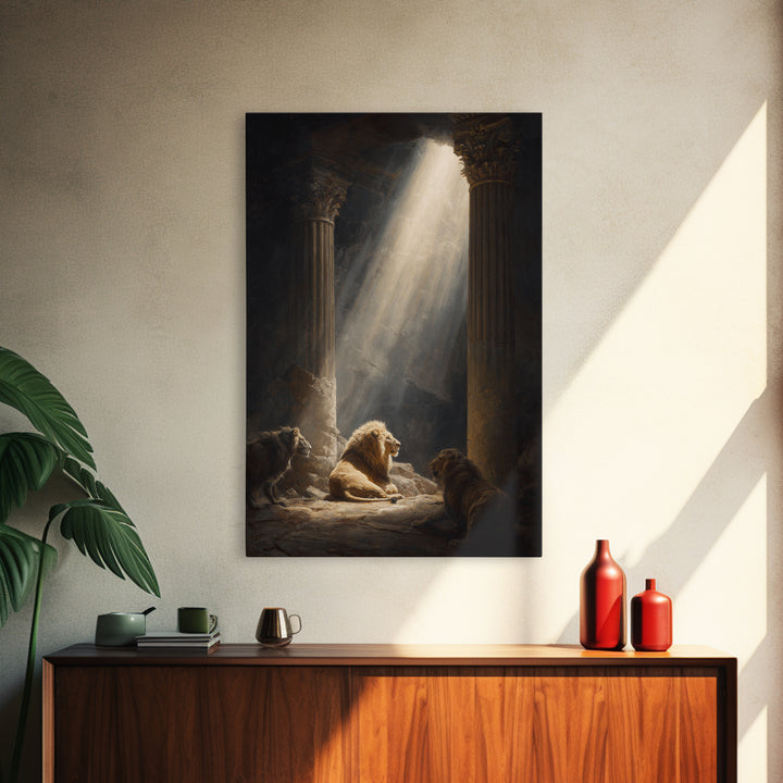 Majestic Lions In Sunlit Ancient Ruins Dramatic Wall Art Canvas Print For Wildlife And Animal Lovers Home Decor