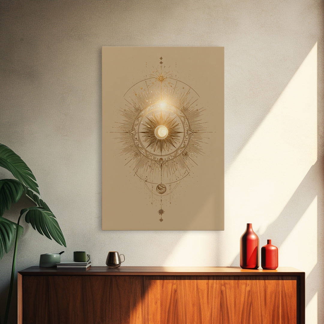Golden Celestial Sun Mandala Wall Art, Mystical Moon Phase Art Print, Spiritual Home Decor, Boho Meditation Room Decor, Gift For Her