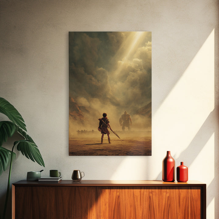 Epic Ancient Warrior Facing Giant In Dramatic Dusty Battlefield Sunlight Wall Art Framed Canvas Print For Living Room Decor