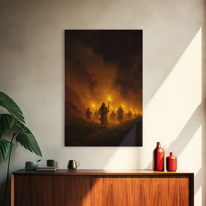 Medieval Procession With Illuminated Torches Dramatic Scene Wall Art Framed Canvas Print For Home And Office