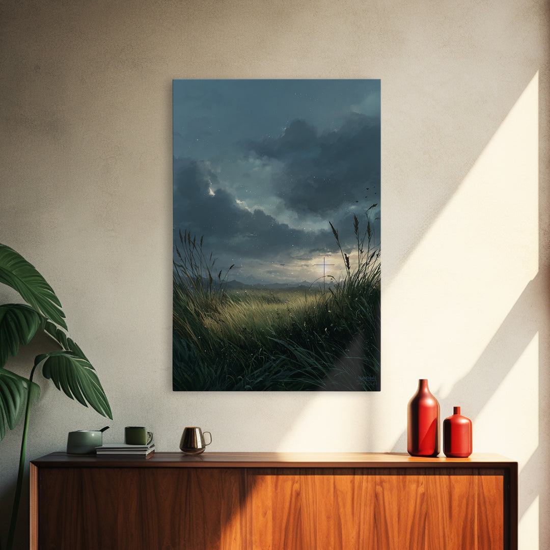 Serene Landscape With Cross At Sunset Over Grass Field - Beautiful Wall Art Framed Canvas Print For Peaceful Home Decor