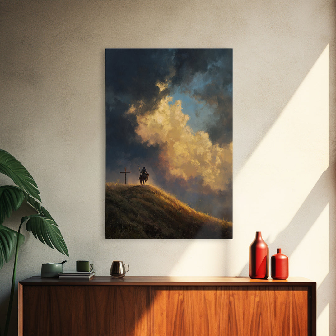 Dramatic Sky Over Stormy Hillside With Sun Rays Landscape Oil Painting Wall Art Framed Canvas Print