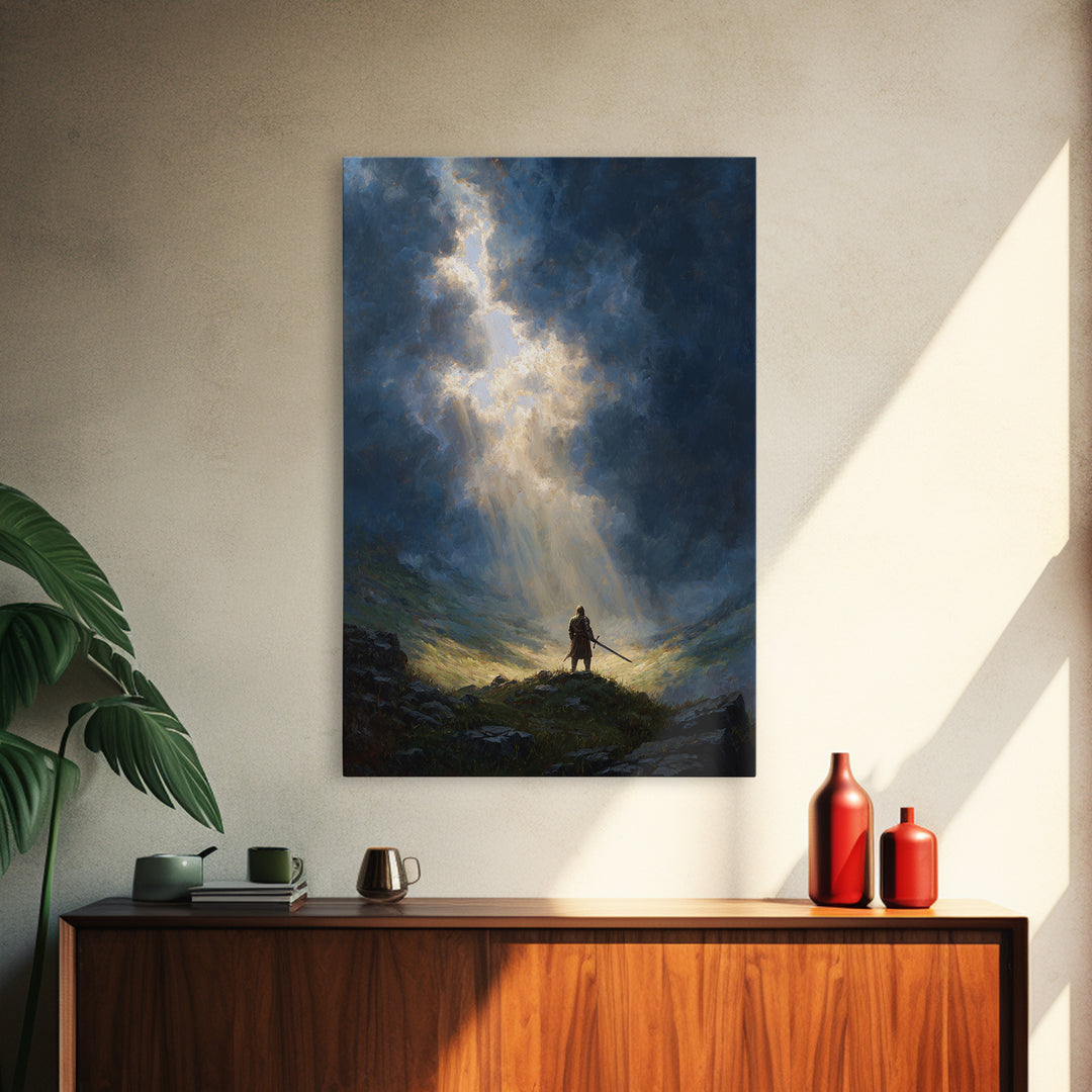 Dramatic Epic Knight Standing Among Mountains With Sword Overlooking Landscape Inspirational Wall Art Canvas Print