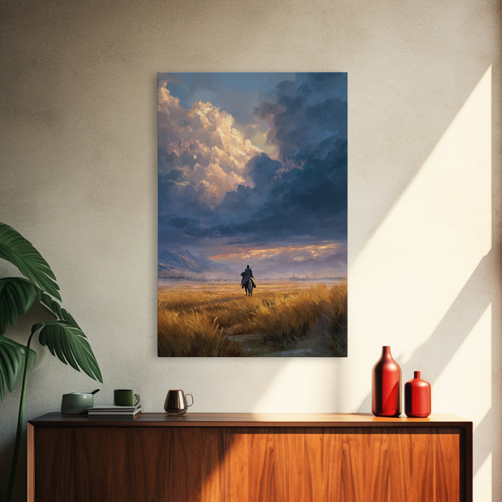 Lonely Rider In Vast Field With Dramatic Sky Landscape Painting Wall Art Framed Canvas Print