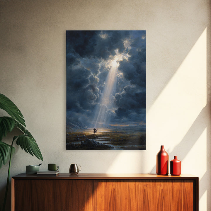Heroic Fantasy Painting Knight Standing In Beam Of Light Under Dramatic Sky - Canvas Print For Epic Wall Art And Mythical Home Decor