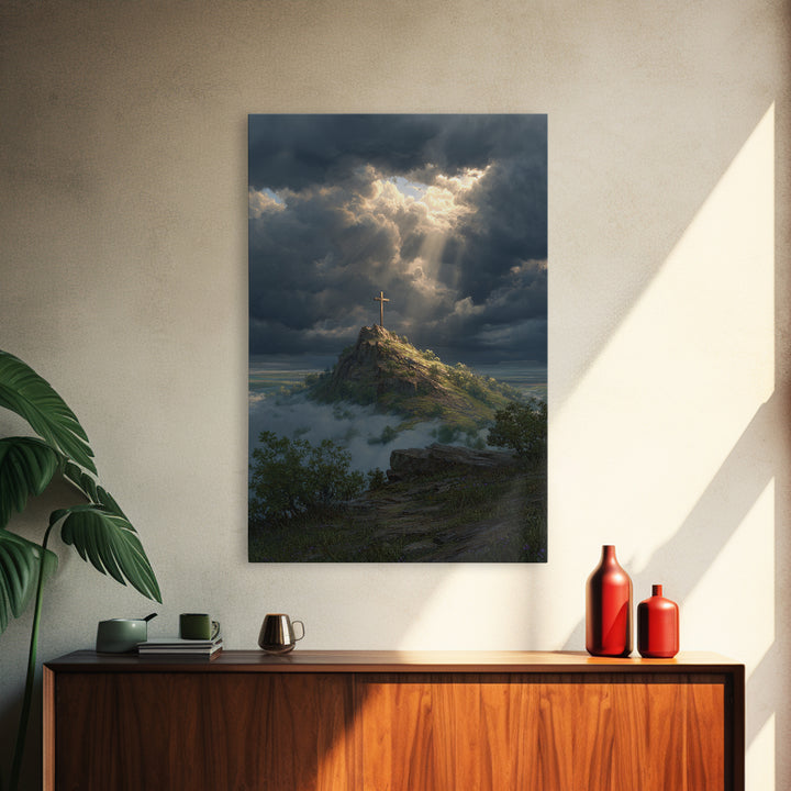 Cross On Mountain Dramatic Sky Contemporary Landscape Oil Painting Wall Art Framed Canvas Print Nature Inspired Home Decor