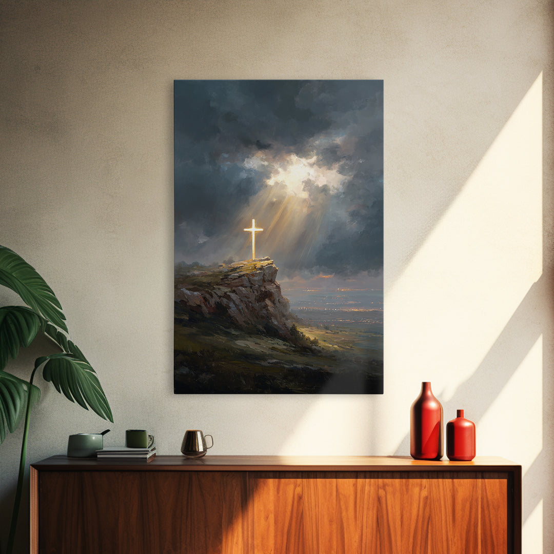 Dramatic Light Over Cliff Cross Spiritual Wall Art Framed Canvas Print For Inspirational Religious Home Decor Or Gift