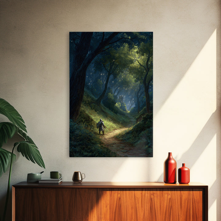Majestic Knight on Trail in Enchanted Forest Fantasy Art Wall Art Canvas Print For Game Room or Bedroom Decor