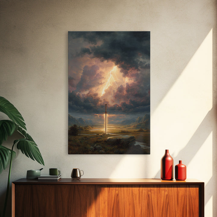 Epic Sword Lightning Storm Fantasy Wall Art Digital Painting Canvas Print For Fantasy Lovers And Gaming Room Decor