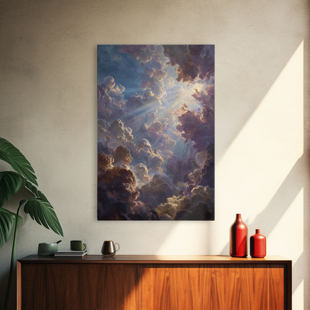 Dramatic Heavenly Clouds With Figures And Light Rays Spiritual Religious Wall Art Oil Painting Large Wall Art Framed Canvas Print