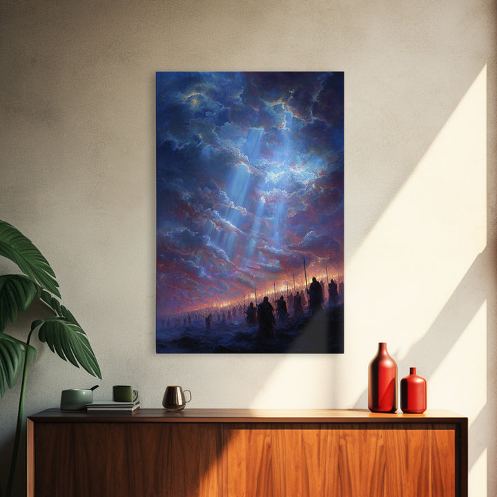 Epic Fantasy Army Under Dramatic Sky With Sun Rays Wall Art Framed Canvas Print For Bedroom or Office Decor