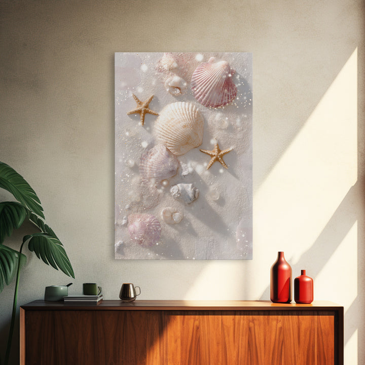 Pastel Seashells And Starfish Canvas Print, Coastal Wall Art, Beach House Decor, Ocean Bathroom Art, Gift For Her, Nautical Decor