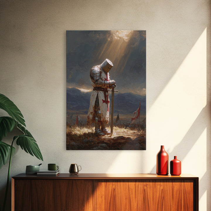 Medieval Knight In Shining Armor Oil Painting Wall Art With Moody Light Beams Epic Historical Art For Rustic Home Decor