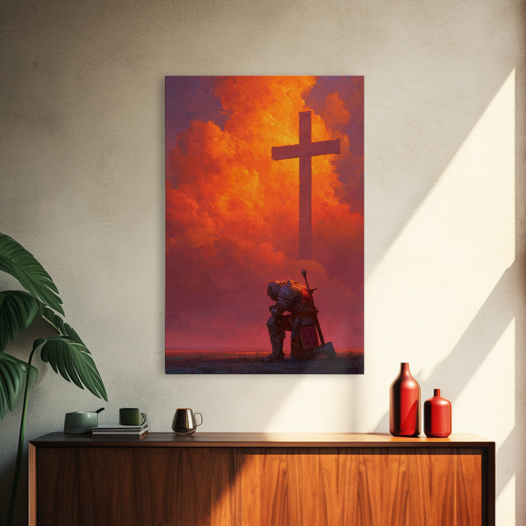 Medieval Knight Kneeling Before Cross In Fiery Sky Dramatic Fantasy Art Wall Art Canvas Print For Spiritual Decor