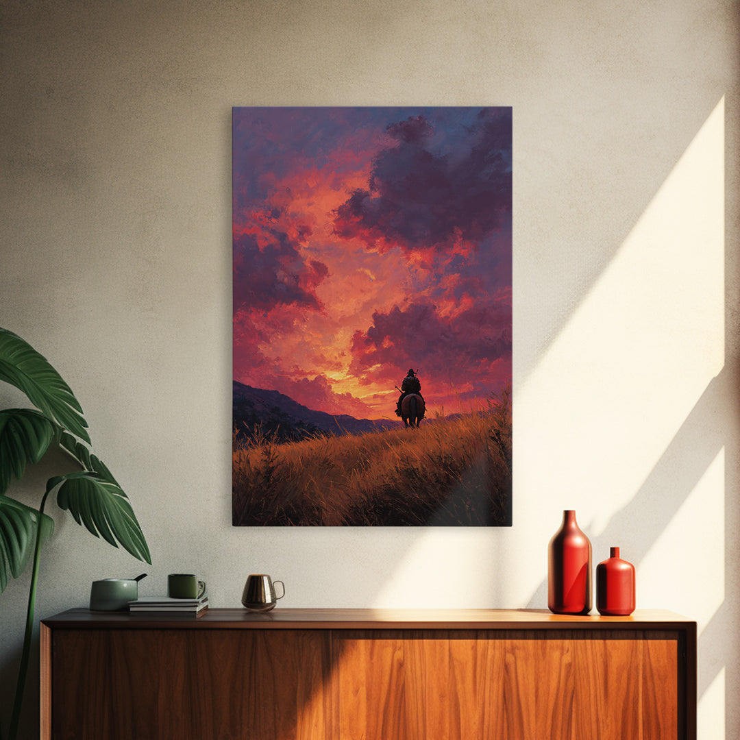 Epic Western Lone Rider On Horseback Silhouette Against Dramatic Sunset Sky Oil Painting Wall Art