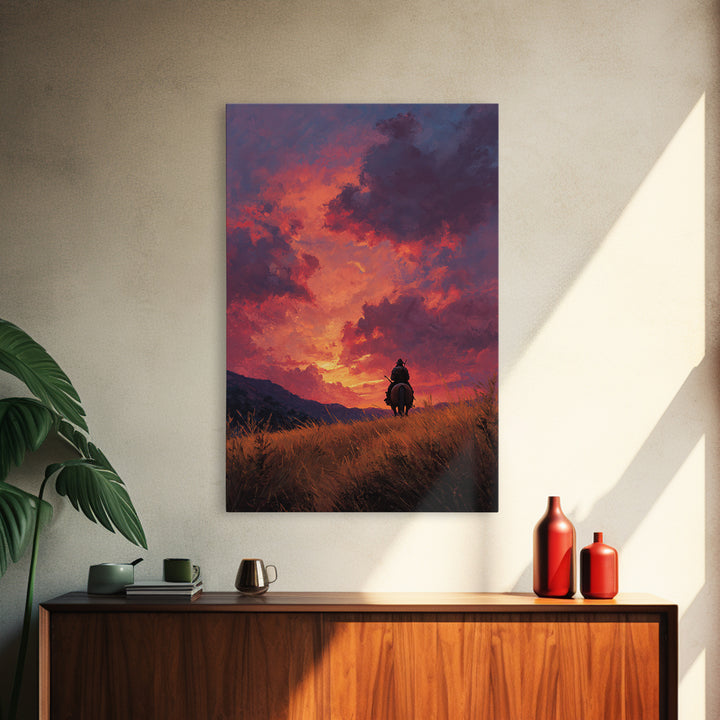 Epic Western Lone Rider On Horseback Silhouette Against Dramatic Sunset Sky Oil Painting Wall Art