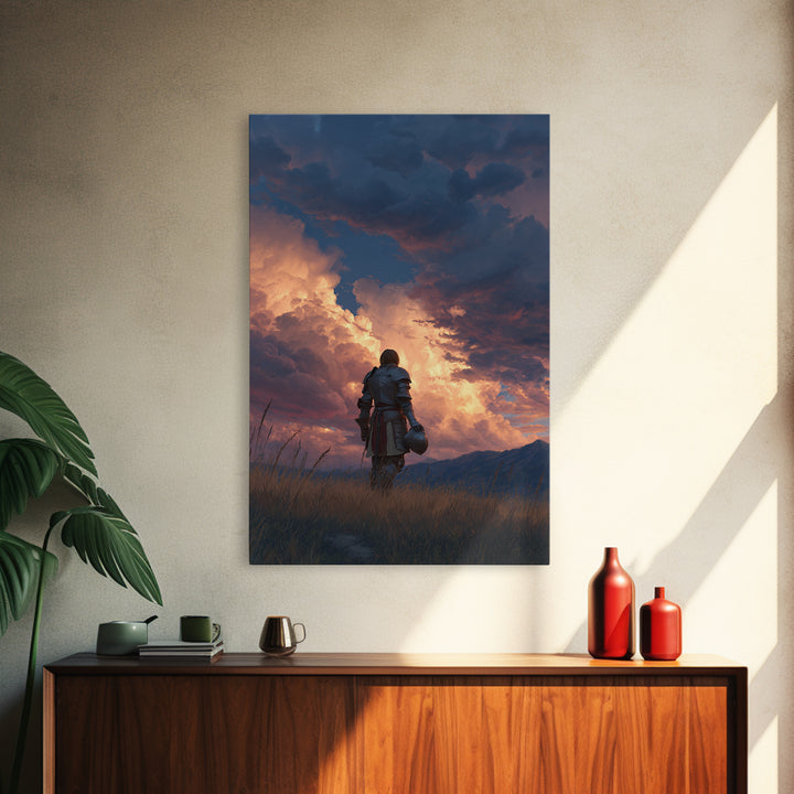 Knight Standing Under Dramatic Cloudy Sunset Sky Canvas Print Medieval Wall Art For Living Room And Office Decor